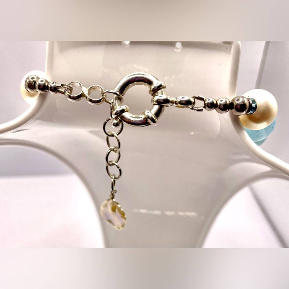 Gorgeous Aquamarine Beaded Necklace Fresh Water Pearls Crystal Spacers 925 - Picture 7 of 11